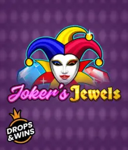 Enjoy the playful charm of the Joker's Jewels game by Pragmatic Play, showcasing a charming joker's mask embellished with a brightly colored jester hat. This graphic conveys the light-hearted fun of casino gaming, set against a purple background. Great for fans of joker-themed slots, promising a entertaining gaming experience. 